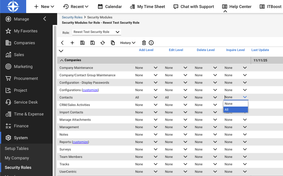 A white screen with grey and blue elements, and black text. Center screen is a table with down arrows, which reveal menus of options when clicked. The table is for setting permission levels in ConnectWise PSA.